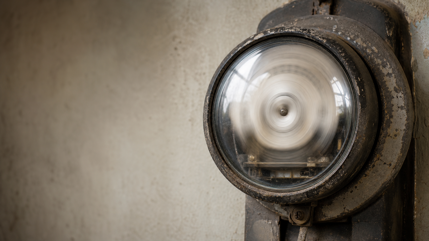 A vintage analog electricity meter, its dial spinning too fast to read